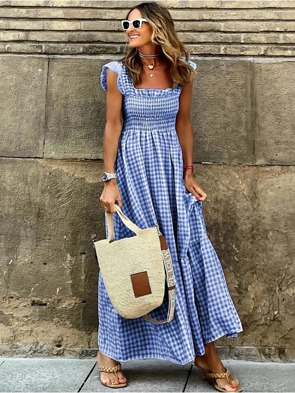 Blue & White Gingham Maxi Dress Like New